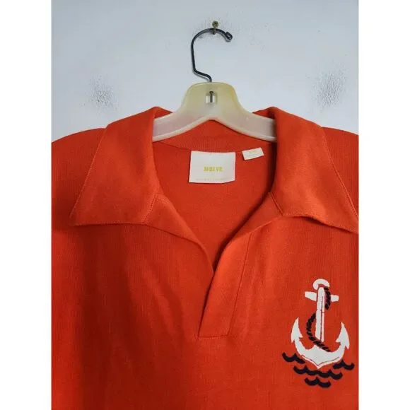 Maeve by Anthropologie "Newport" Orange/Red 100% Cotton Polo Top size Medium - Picture 7 of 10